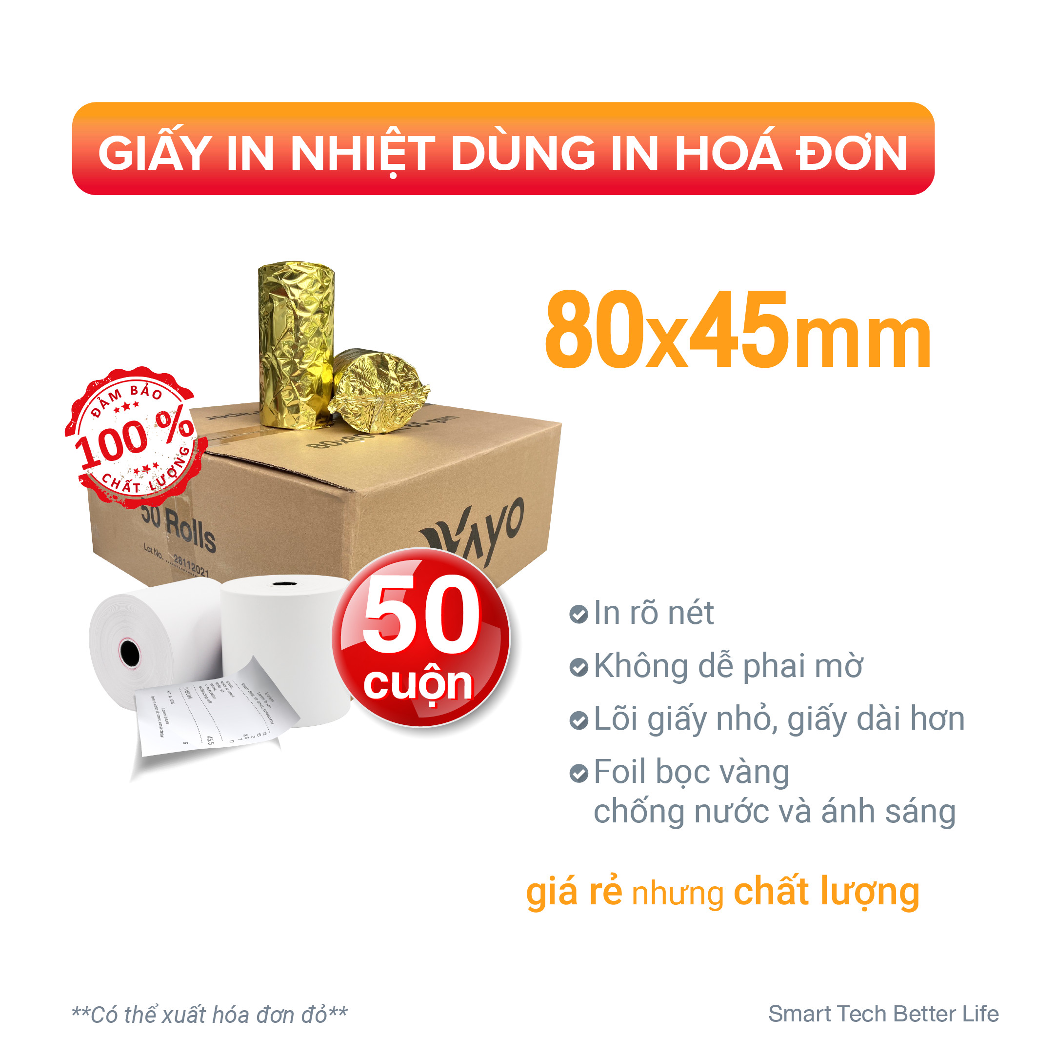 Giấy in nhiệt Giấy in bill VAYO Khổ 80 x 45 mm - In rõ nét - Lõi siêu nhỏ - Hàng chính hãng - 65gsm