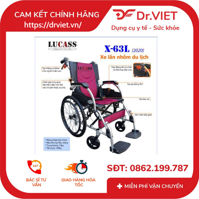 Xe lăn tay bệnh nhân gọn nhẹ Lucass X-63L dành cho người già nhập khẩu chính hãng, giao hàng toàn quốc