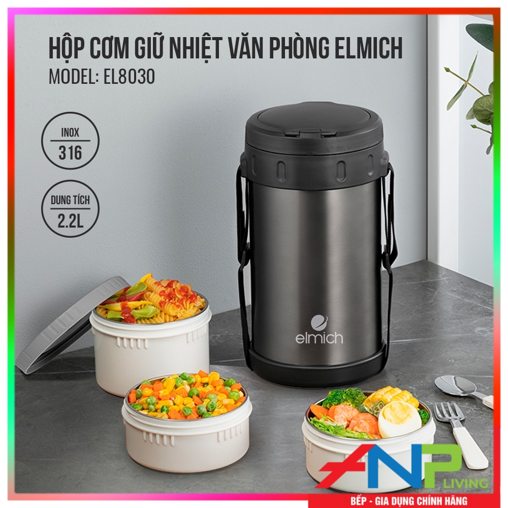 Hộp Cơm Giữ Nhiệt Elmich EL-8030 (Dung tích 2200ml - Có Túi Đựng &amp; Thìa, Dĩa Kèm Theo) - Hàng Chính Hãng