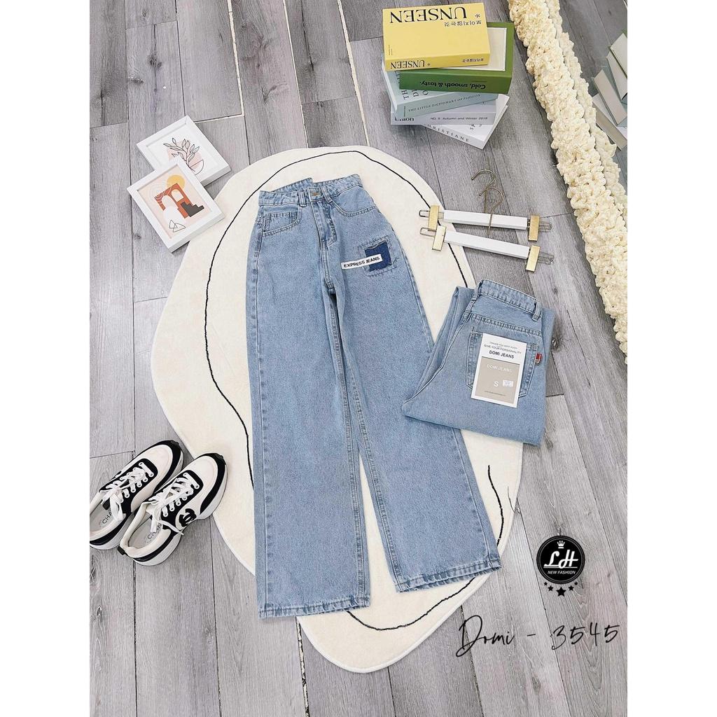 Quần jean nữ ống rộng, quần bò màu xanh nhạt kiểu vá vuông có tag siêu cưng lạ mắt Lê Huy Fashion MS 3545