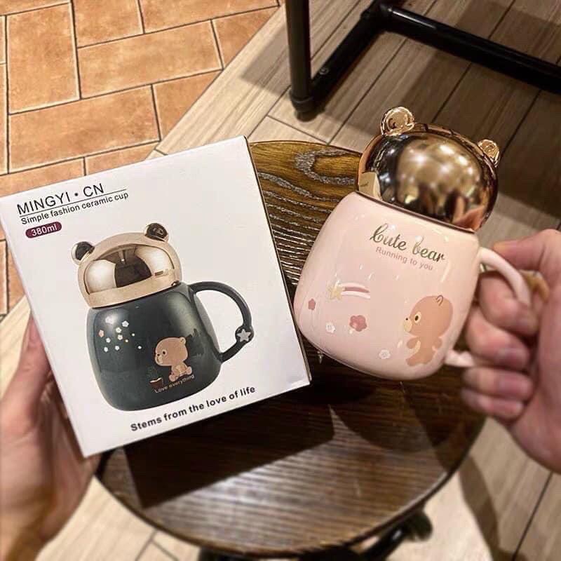 Cốc giữ nhiệt,Cốc sứ uống sữa uống cafe có tay cầm hình gấu siêu dễ thương có nắp đậy tiện dụng