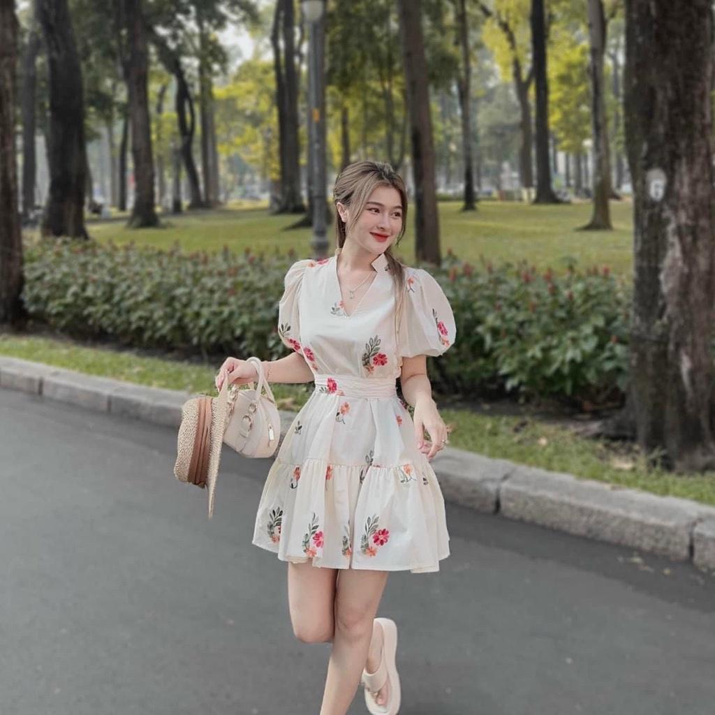 Váy đầm nữ dáng xòe cổ V tay bồng cột nơ họa tiết hoa xinh xắn