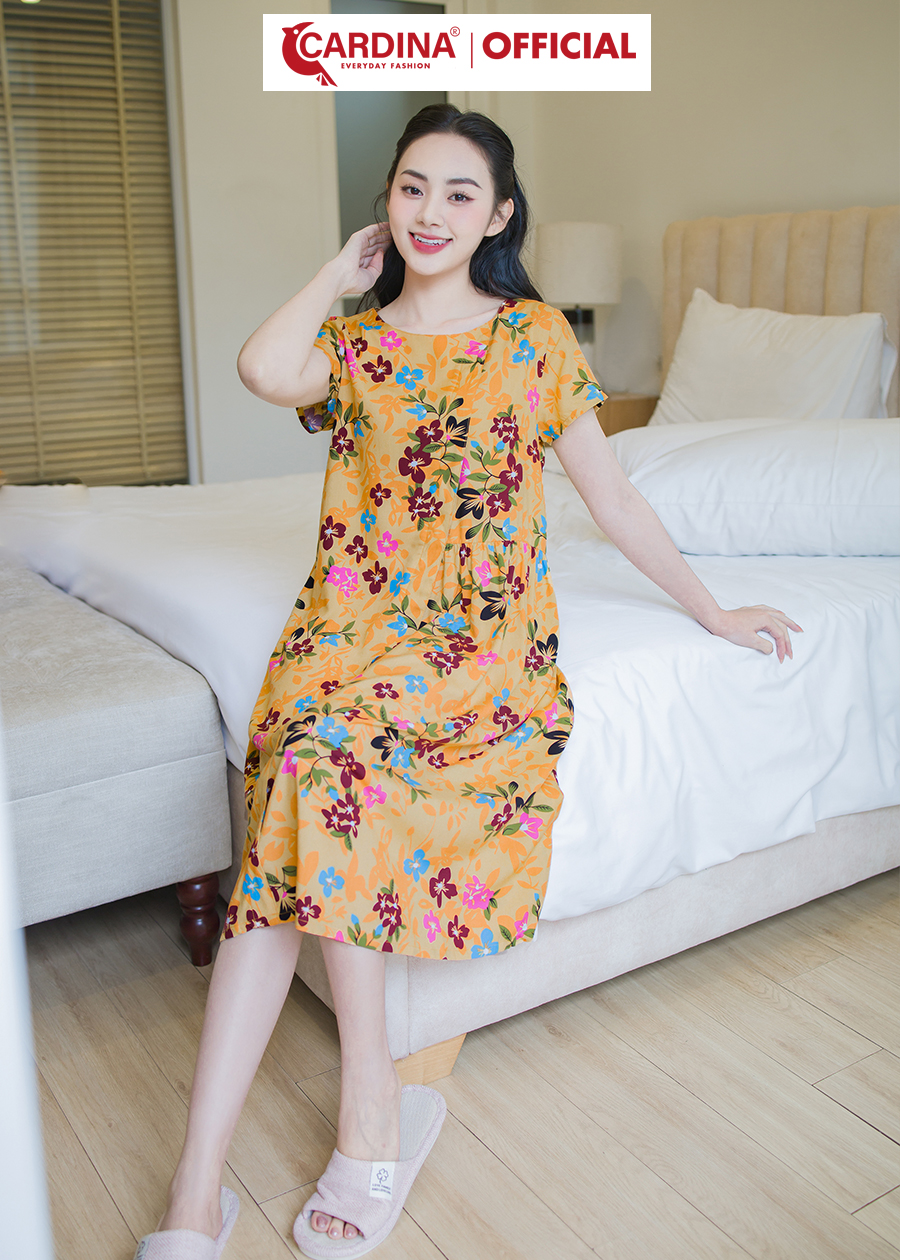 Đầm Nữ CARDINA Chất Lanh Tre Cao Cấp Cổ Tròn Cộc Tay Vạt Chéo Họa Tiết 3VL02