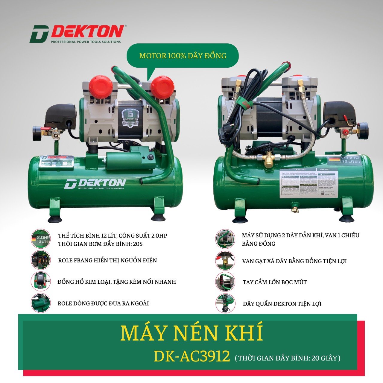 Máy nén khí không dầu DK-AC3912 12L bơm hơi nhanh Dekton bản nâng cấp