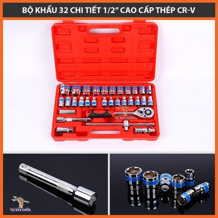 Bộ khẩu cờ lê 1/2'' 32 chi tiết chuyên mở ốc, siết ốc loại xịn, làm từ théo CR-V siêu cứng, chống gỉ