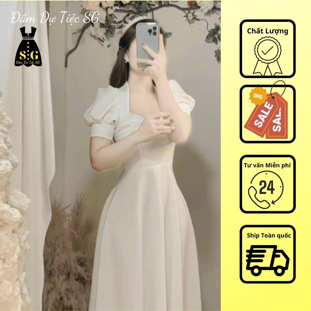 Đầm Dự Tiệc Trắng Chất Lụa Mango Mịn 2 Lớp Full Lót Thiết Kế Tay Ngắn Bồng Cổ Nơ Dáng Dài Maxi UC-1B15-4542
