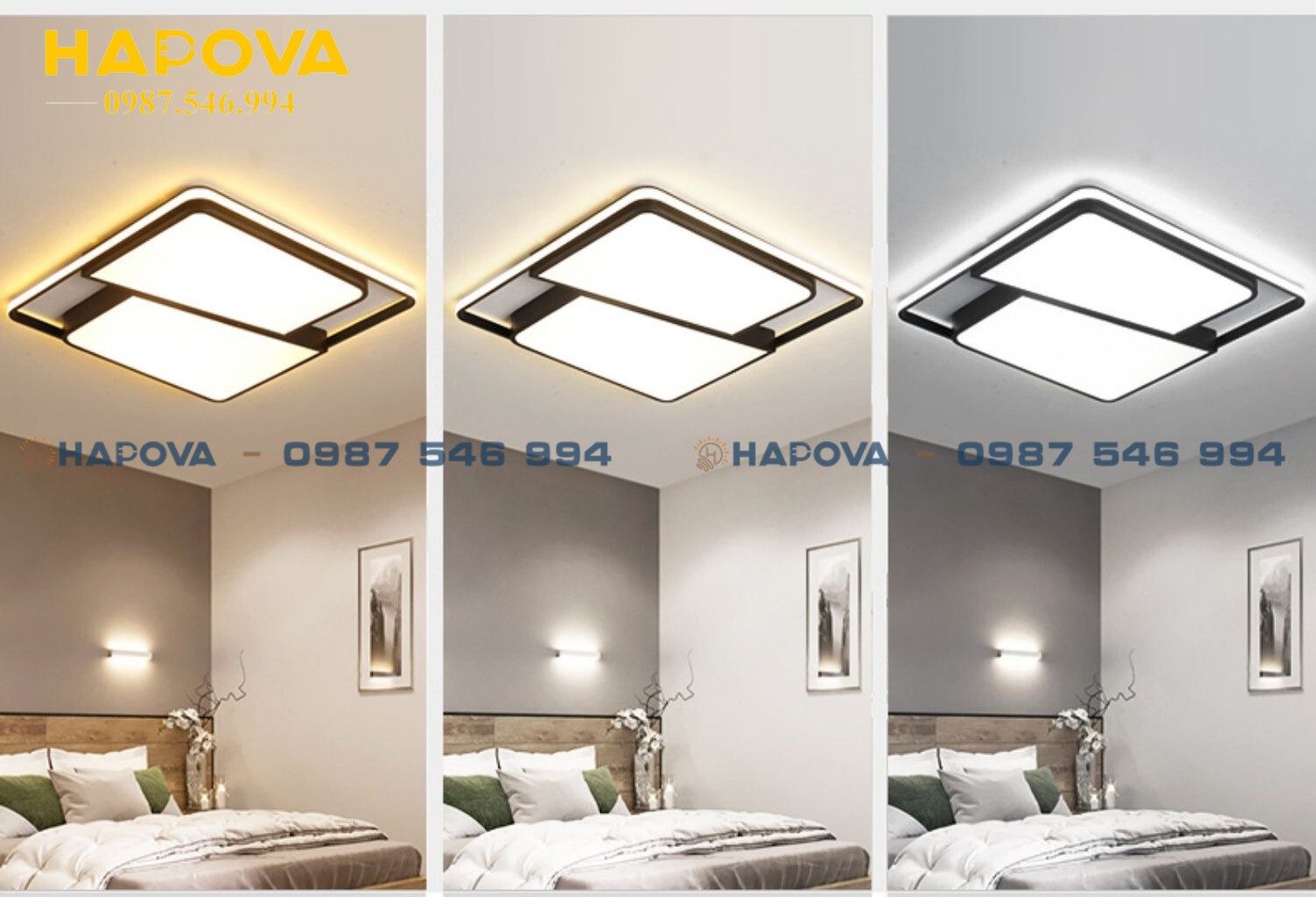 Đèn Mâm LED Ốp Trần Vuông Led 3 Màu 48W HAPOVA 1050