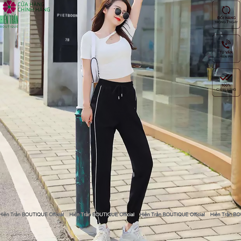 Quần jogger nữ Hiền Trần BOUTIQUE dáng dài cạp chun thiết kế một sọc bên kiểu bo gấu năng động cá tính thể thao tập gym