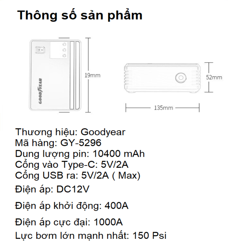 Bộ kích điện, kích bình ắc quy, kiêm máy bơm lốp ô tô và sạc dự phòng Goodyear GY-5296 - Hàng Nhập Khẩu (Bảo hành 12 tháng)