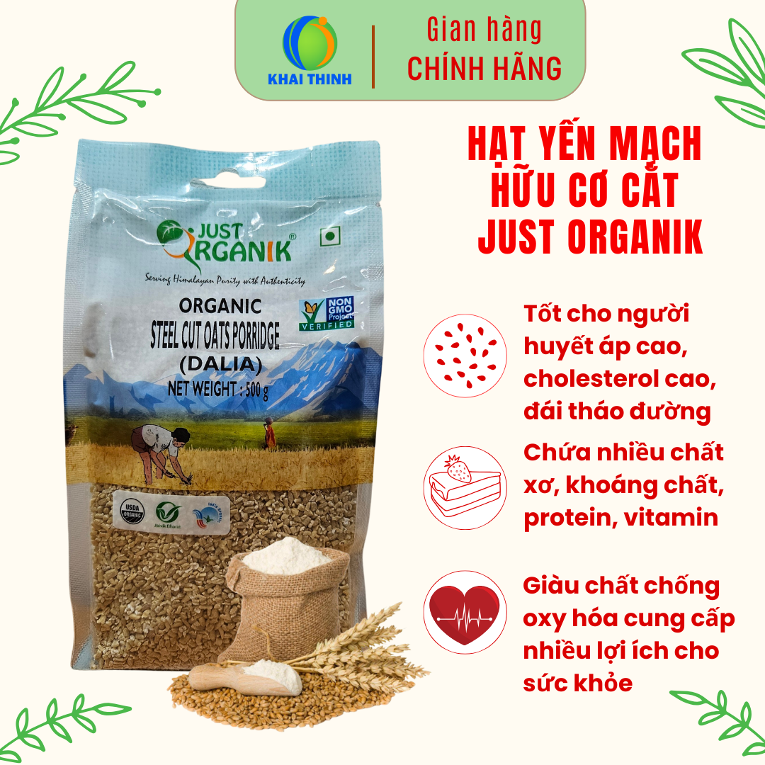 Yến mạch hữu cơ cắt nhỏ nấu cháo cho bé Ăn Dặm Làm Bánh Just Organik 500g