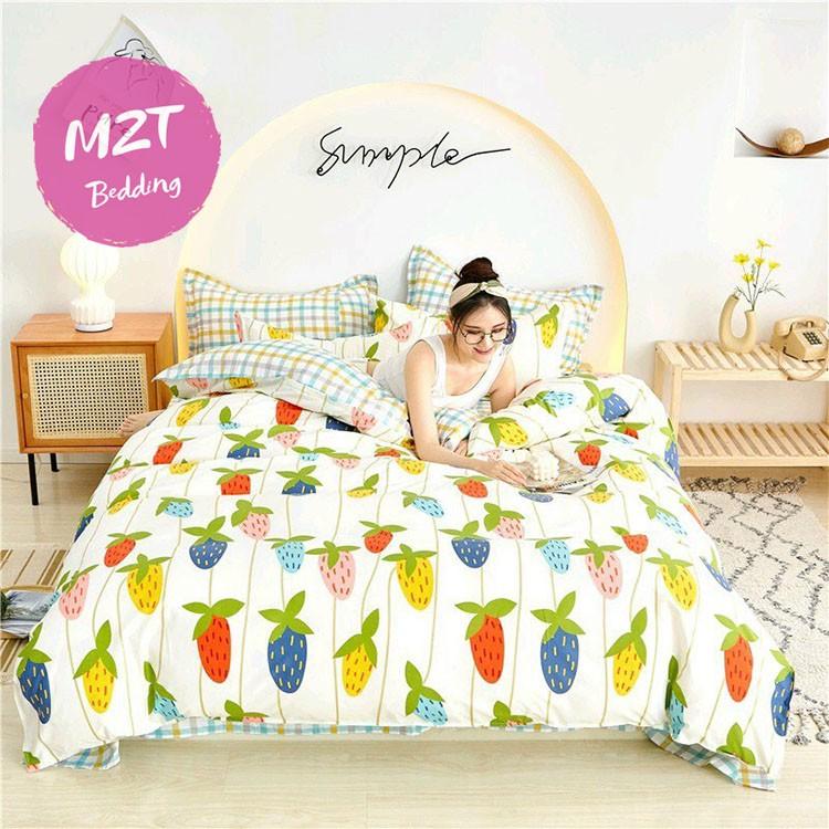 Bộ chăn ga Cotton poly M2T Bedding chăn ga Hàn Quốc họa tiết dâu ngũ sắc đủ size miễn phí bo chun