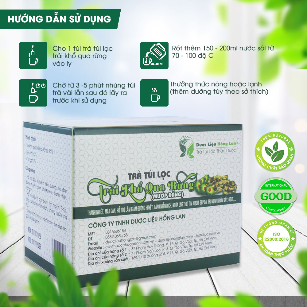 Trà Quả Mướp Đắng (Khổ Qua) rừng túi lọc hộp 60g (20gói x3g) Cty Dược Liệu Hồng Lan - Thanh nhiệt, mát gan, giảm đường huyết, ngừa ung thư, tim mạch, đẹp da,...