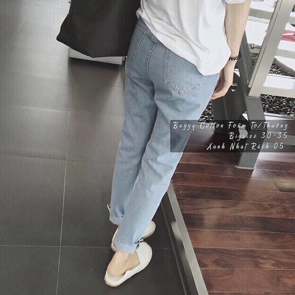 Quần jean baggy quần bò cạp cao chất cotton không co dãn màu xanh rách
