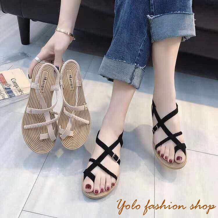 SB5_Sandal nữ đế bằng quai chéo đế giá cói vintage xinh xắn