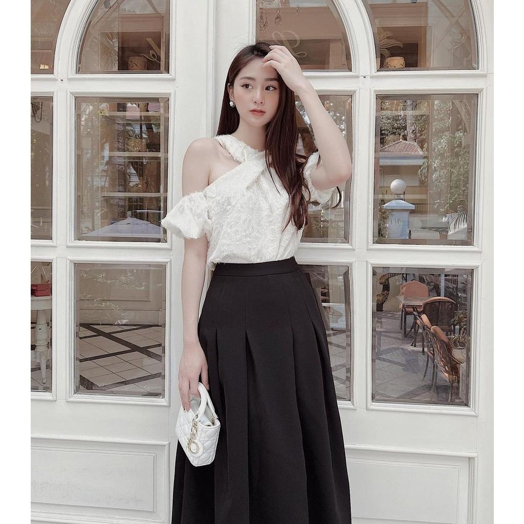 Áo trễ vai tay bồng chất tơ hoa Áo kiểu nữ cổ yếm xoắn A-CY4