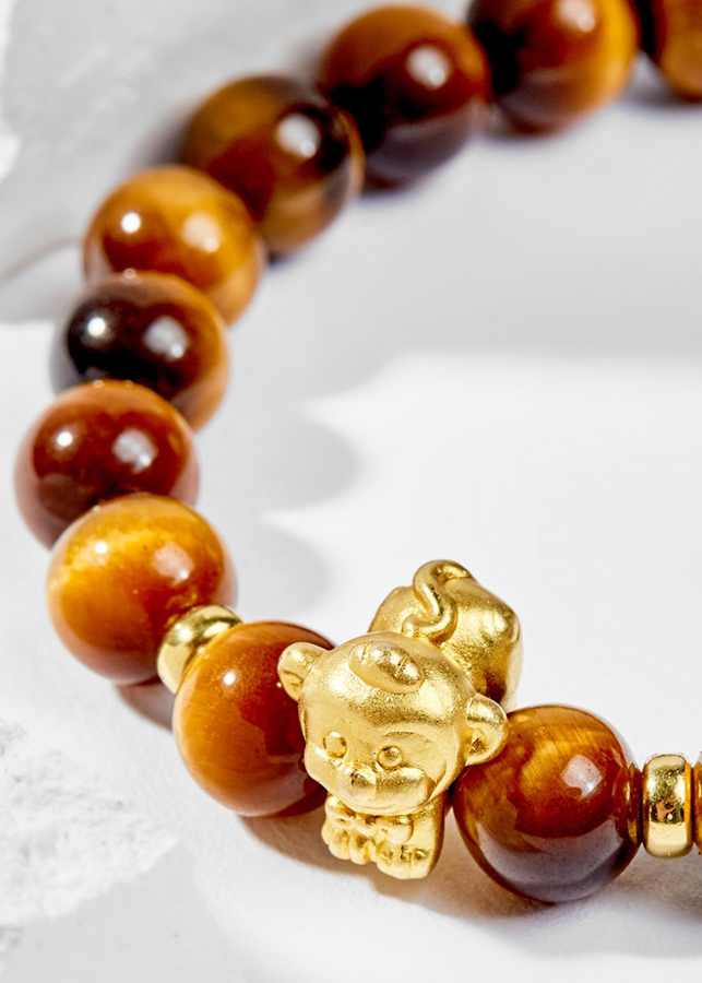 Vòng Tay Phong Thủy Đá Mắt Hổ Vàng Nâu Phối Charm Tuổi Thân Bạc Mạ Vàng 24K Mệnh Thổ, Kim Ngọc Quý Gemstones