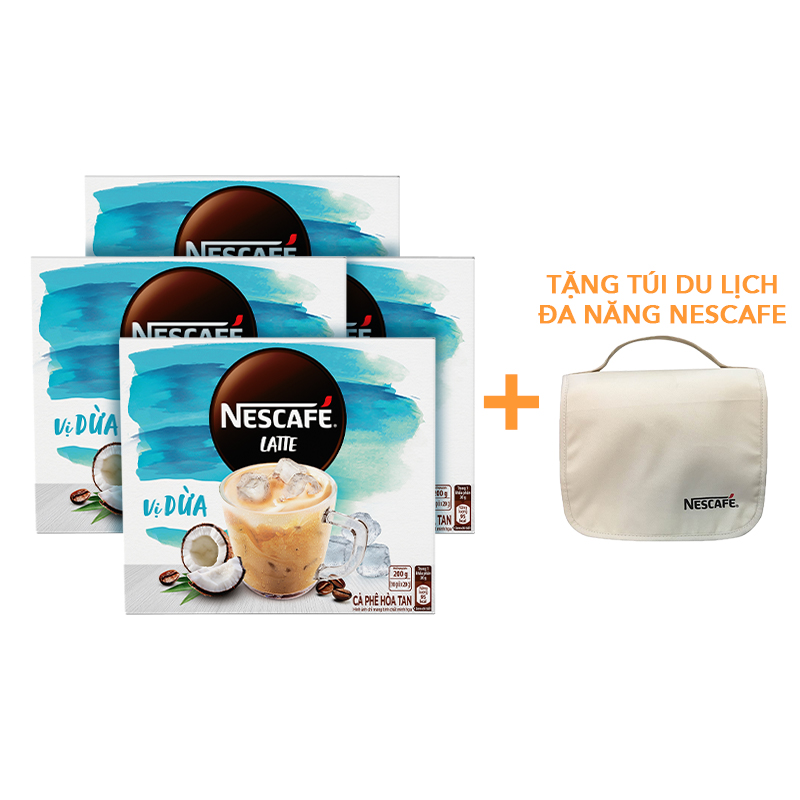 Cà phê hòa tan NESCAFÉ Latte VỊ DỪA - COMBO 4 hộp x 10 gói x 20g - [TẶNG TÚI DU LỊCH ĐA NĂNG]