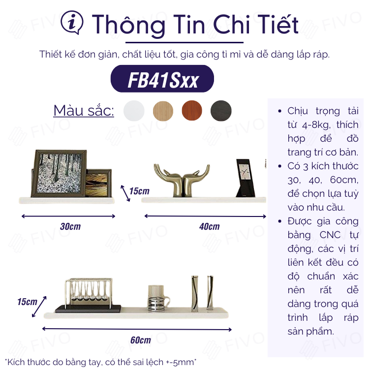 Kệ Gỗ Chống Ẩm Treo Tường Trang Trí FIVO Mã FB41 Dày 17mm Âm Tường Tiết Kiệm Diện Tích