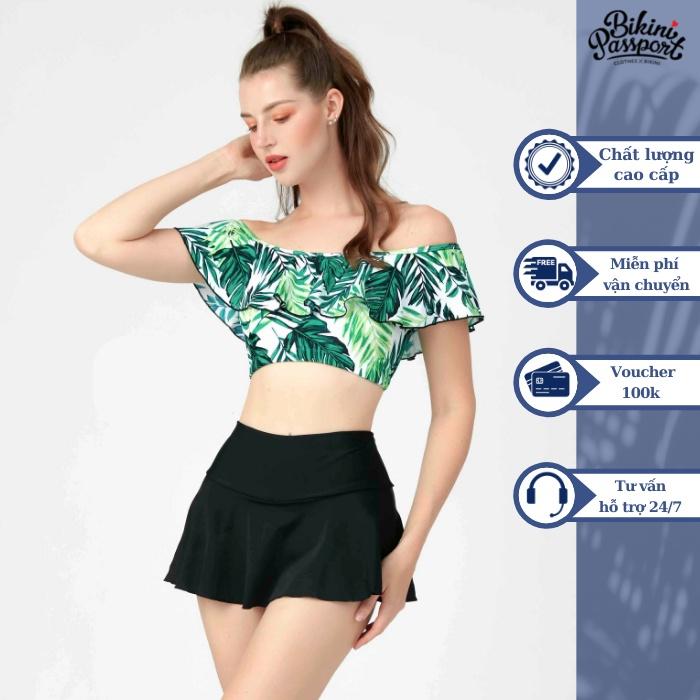Đồ bơi Nữ BIKINI PASSPORT kiểu Hai mảnh váy, vai áo bèo- màu Xanh lá - BS299_GN