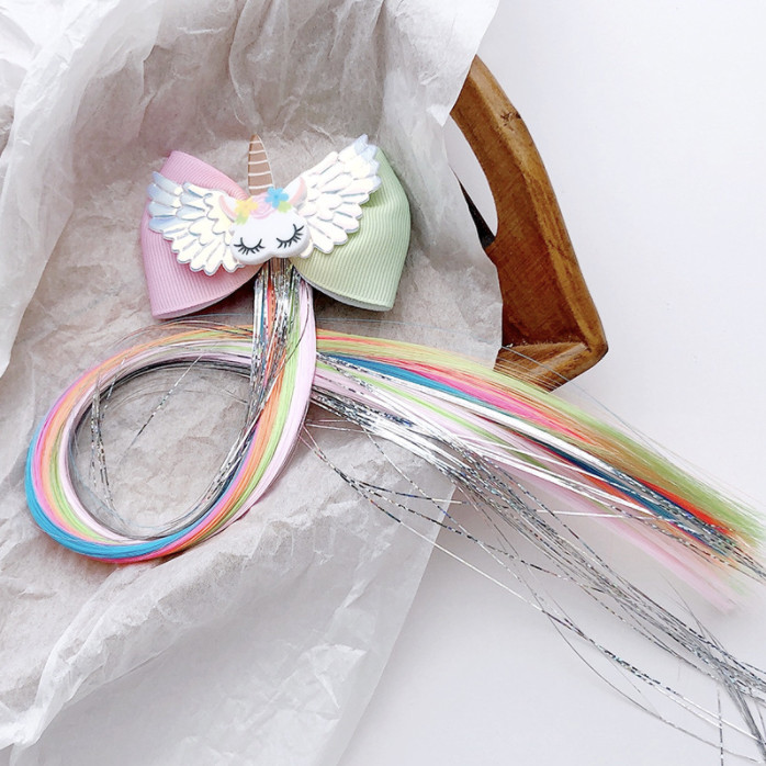 Cài tóc cho bé họa tiết Unicorn cánh thiên thần nơ hồng xanh