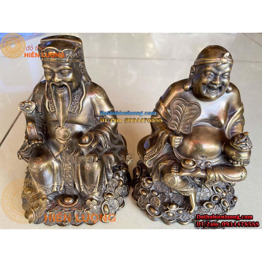 Bộ Tượng Thần Tài - Thổ Địa Ngồi Bệ Tiền Bằng Đồng Màu Nâu Giả Cổ Cao 21cm