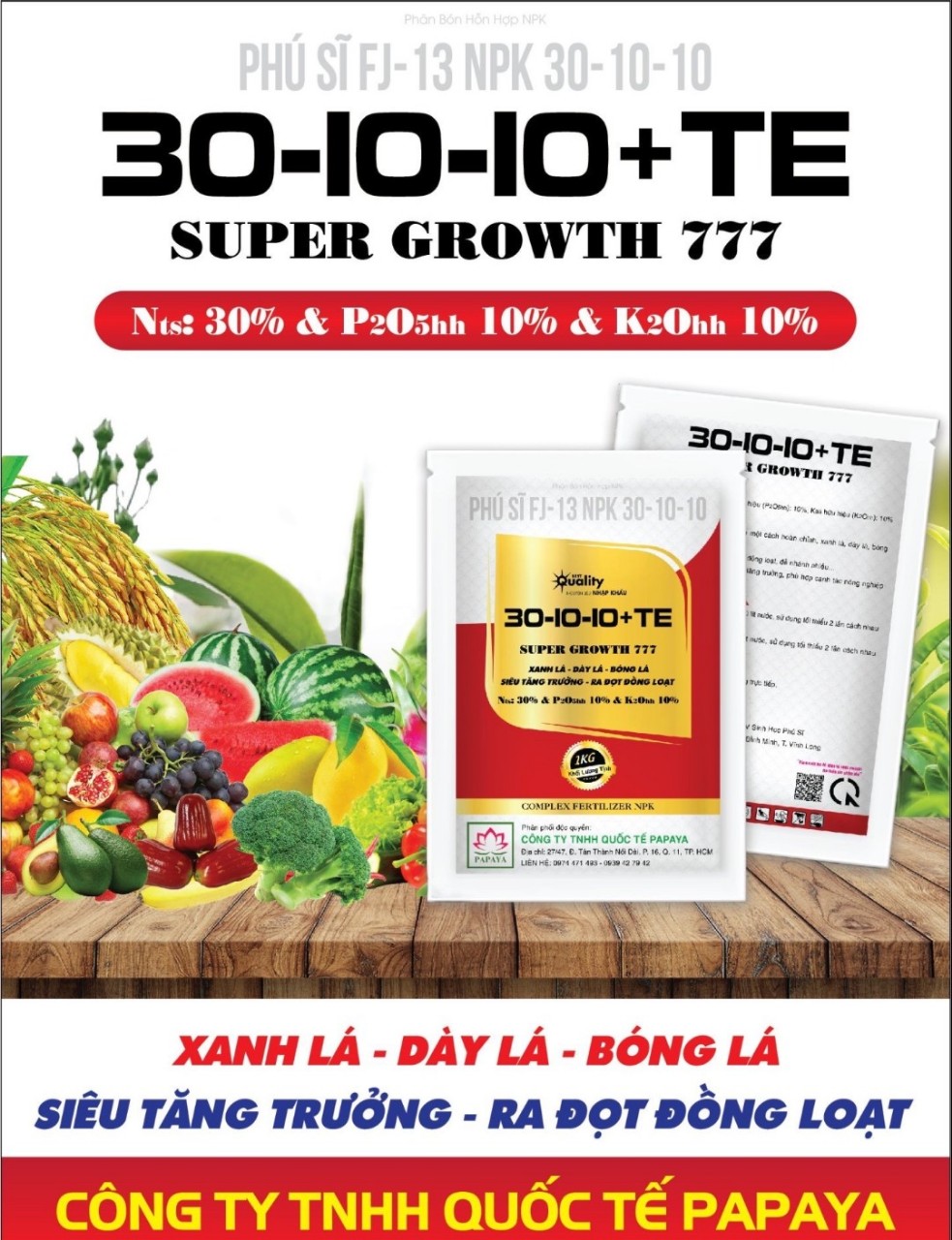 Phân bón NPK Papaya 30-10-10+TE Super Growth 777 gói 1kg Siêu tăng trưởng và Xanh Dày lá