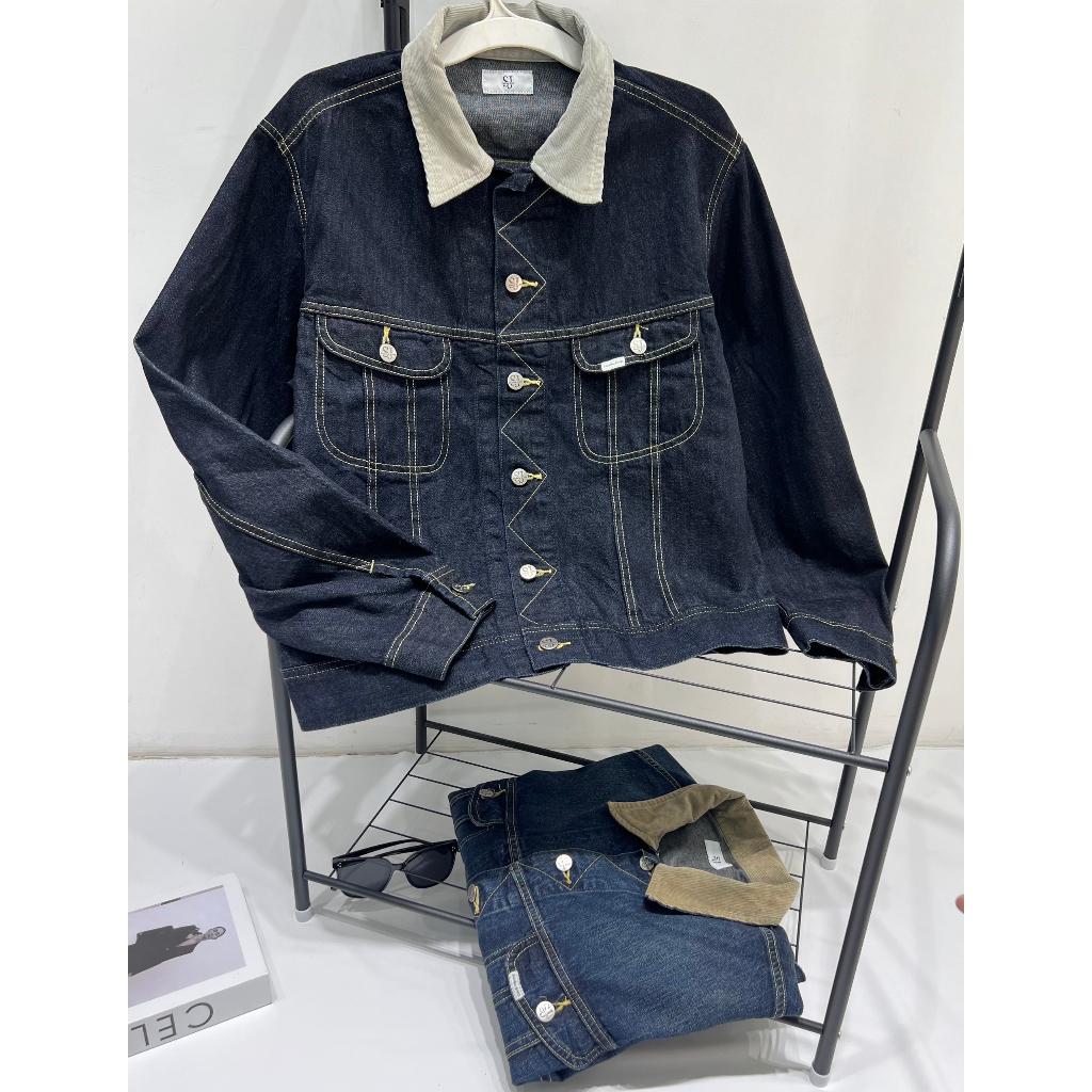 Áo khoác bò denim nam nữ unisex dáng rộng Phối Cổ JK1_ áo jacket jean phong cách Hàn Quốc | Samma Jeans - Navy (Đậm)