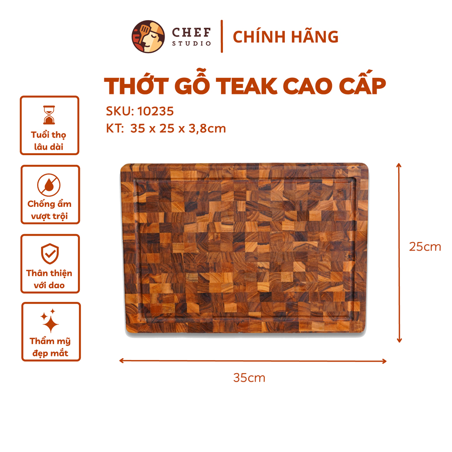 Thớt gỗ Teak Chef Studio hình chữ nhật 25x35x3,5 cm - MSP 10235. Dùng cắt, thái, bằm, chặt, bày thực phẩm.