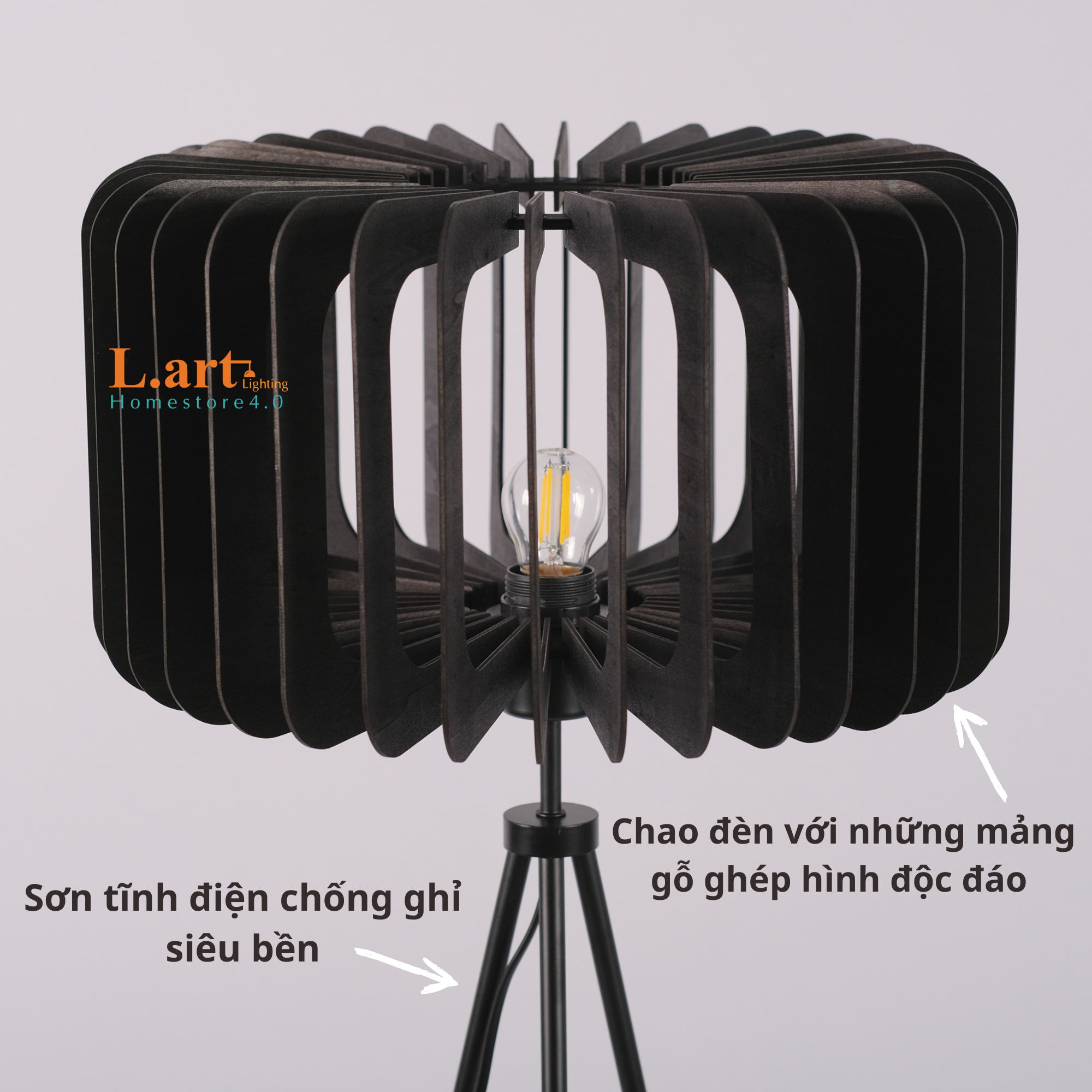 Đèn cây đứng đèn sàn chân máy phong cách Industrial chao đan bằng gỗ độc đáo DCLA013