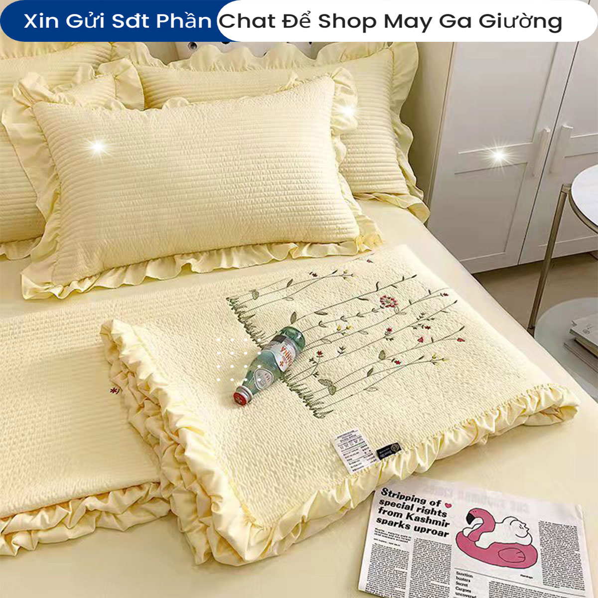 Bộ Chăn Ga Gối Đệm Cotton Solid Vitage Drap Giường Cao Cấp Bộ Ga Phủ Chăn Chần Bông