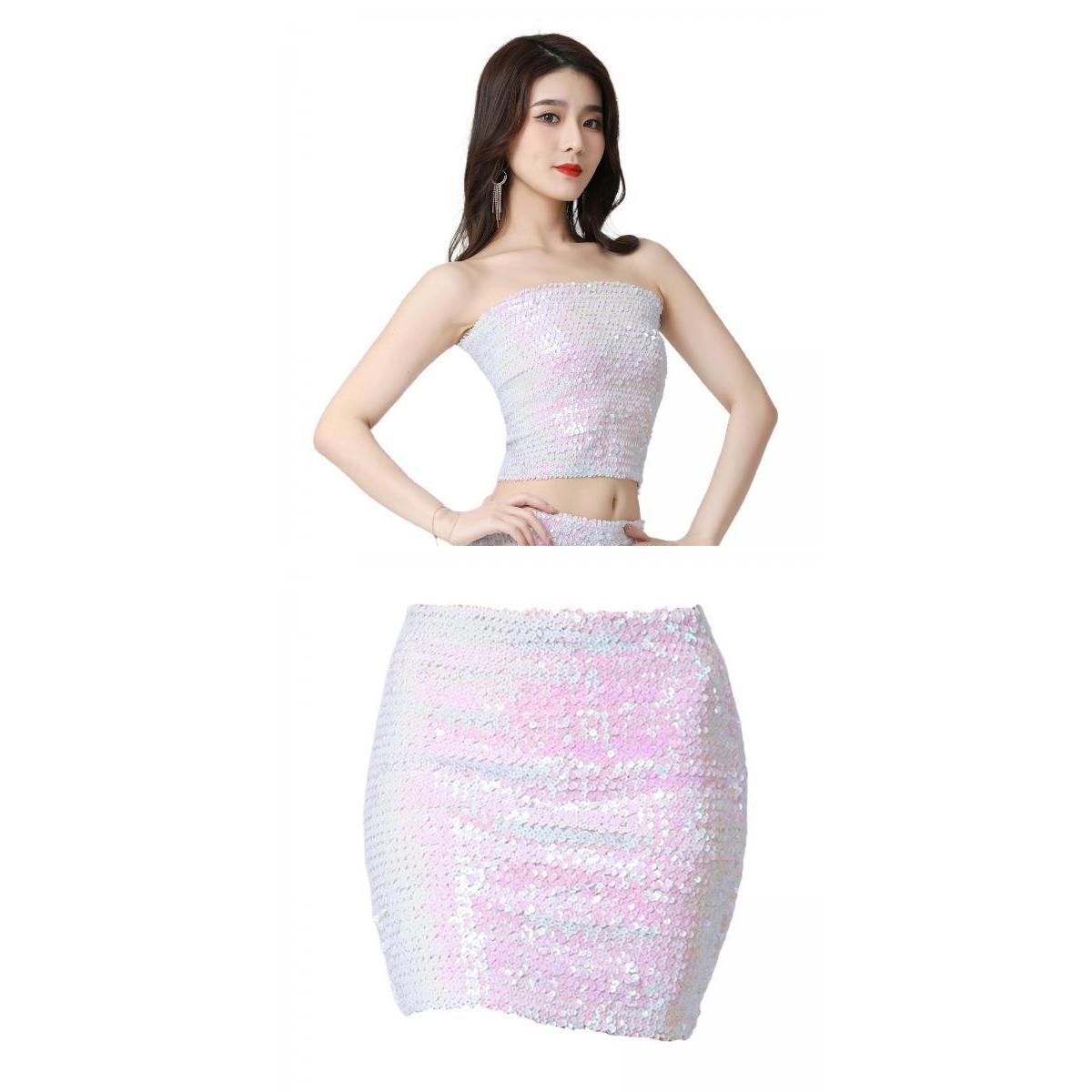 2x Stretch Belly Dance Sequin Tube Top Off Dress Costume for Festival