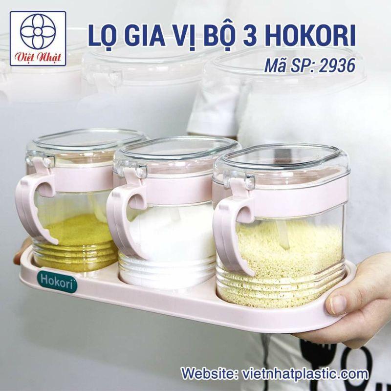 Set 3 hũ đựng gia vị HOKORI nhựa trắng trong suốt kèm muỗng dung tích 700ml