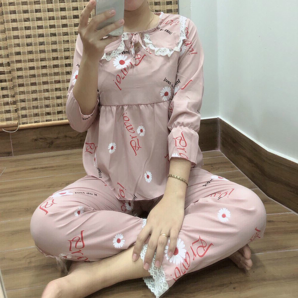 Đồ Bộ Quần Dài Vải Kate Họa Tiết Hoa Cúc