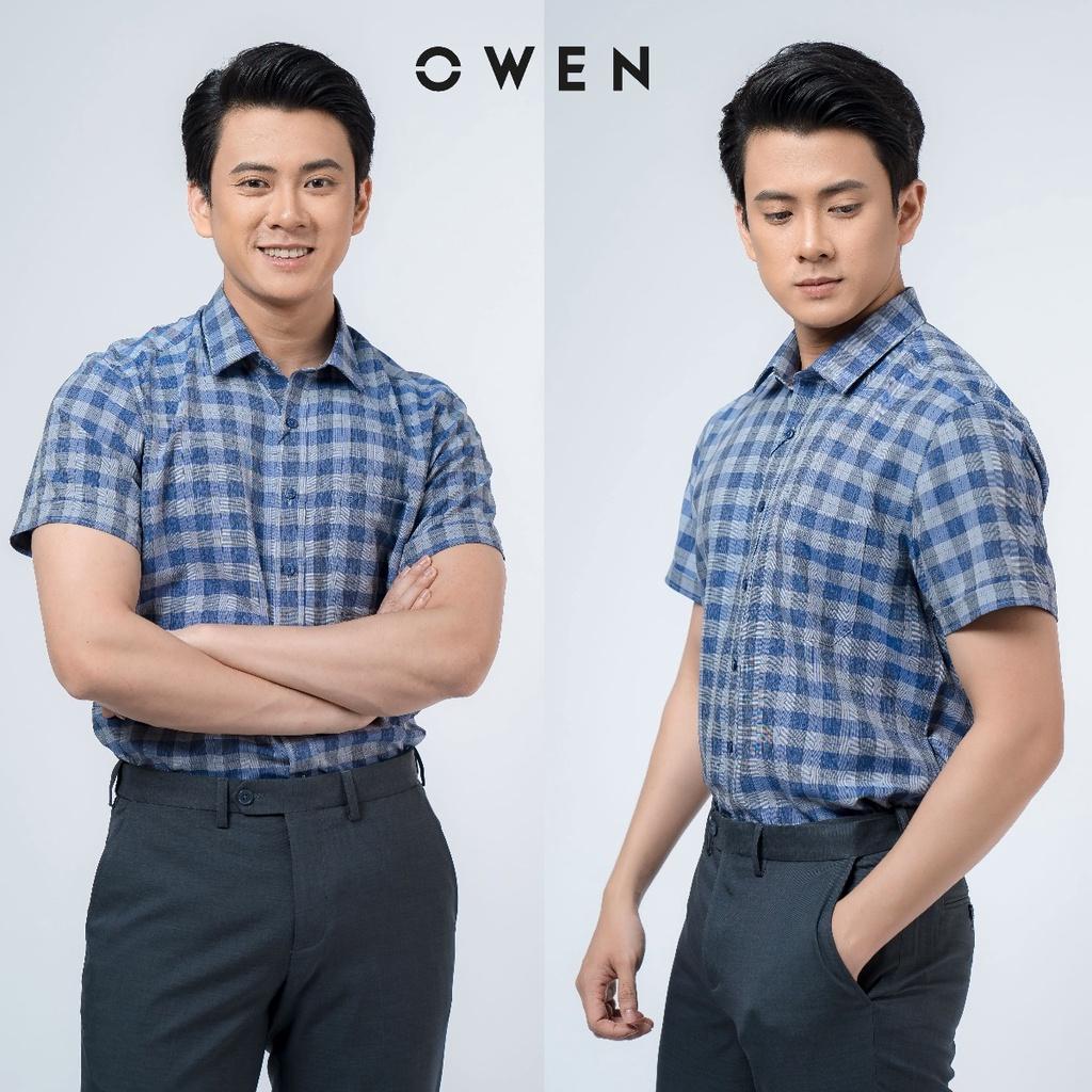 OWEN - Áo sơ mi ngắn tay Owen vạt ngang chất cafe không nhăn kẻ ô navy xám 220105