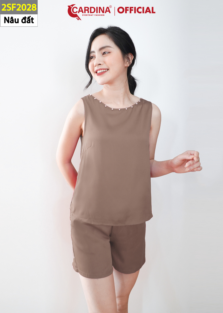 Đồ Bộ Nữ CARDINA Chất Lụa Satin Cao Cấp Quần Đùi Áo Sát Nách Cổ Đính Cúc Ngọc 2SF20