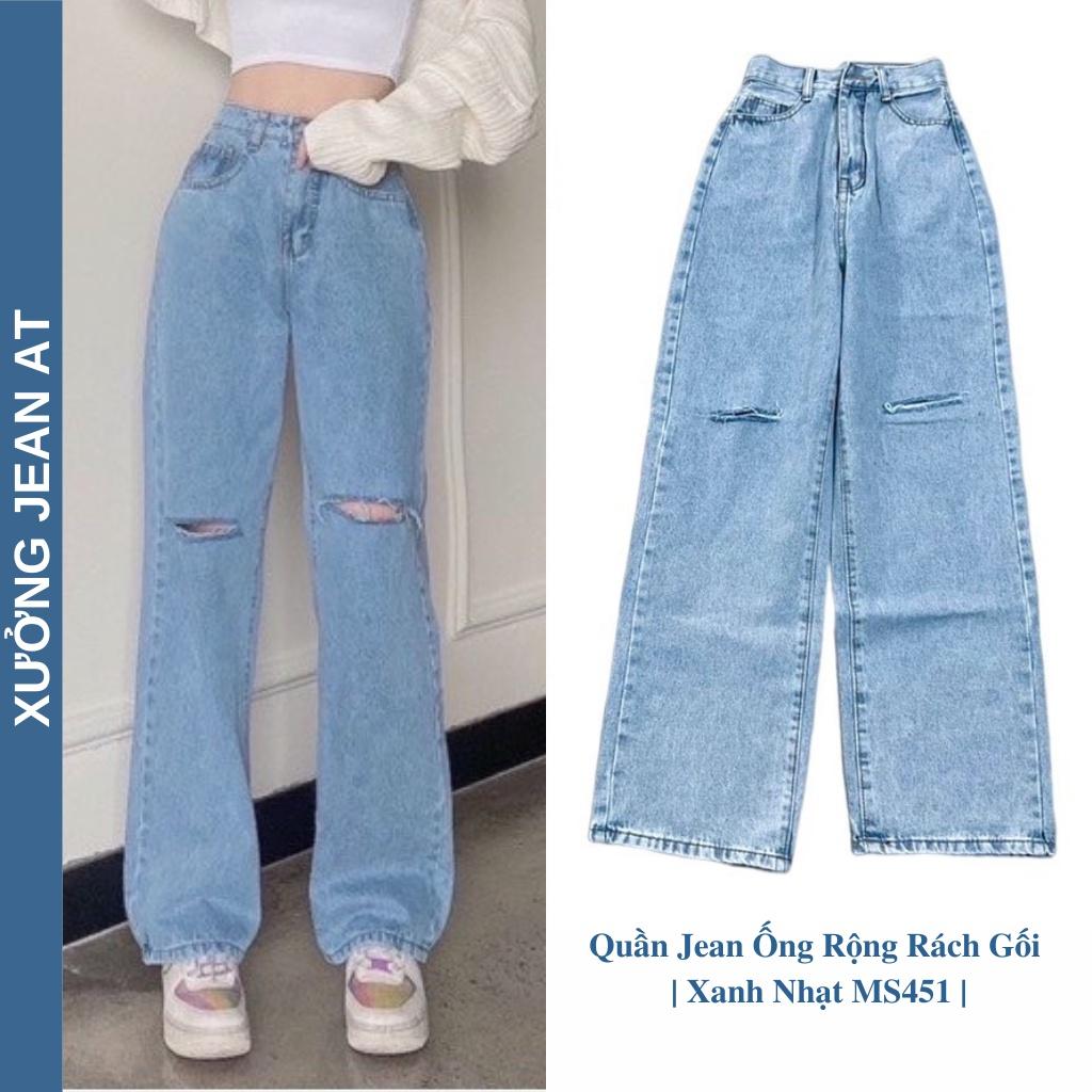 Quần Jean Nữ Ống Rộng Rách Gối Lưng Cao Dáng Suông, Quần Bò Rách Gối Màu Xanh Nhạt Sang Chảnh Size SML 451