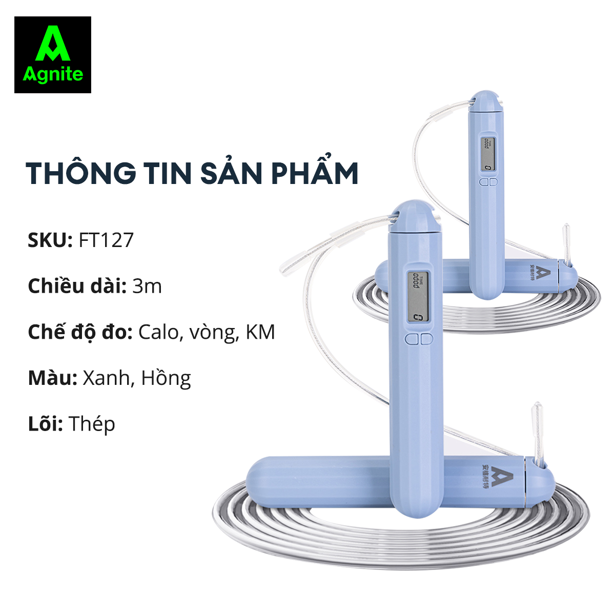 Dây nhảy đếm số điện tử 3trong1 chính hãng Agnite, đếm vòng, đo calo, thời gian, siêu bền nhẹ, thiết kế thời thượng - FT127