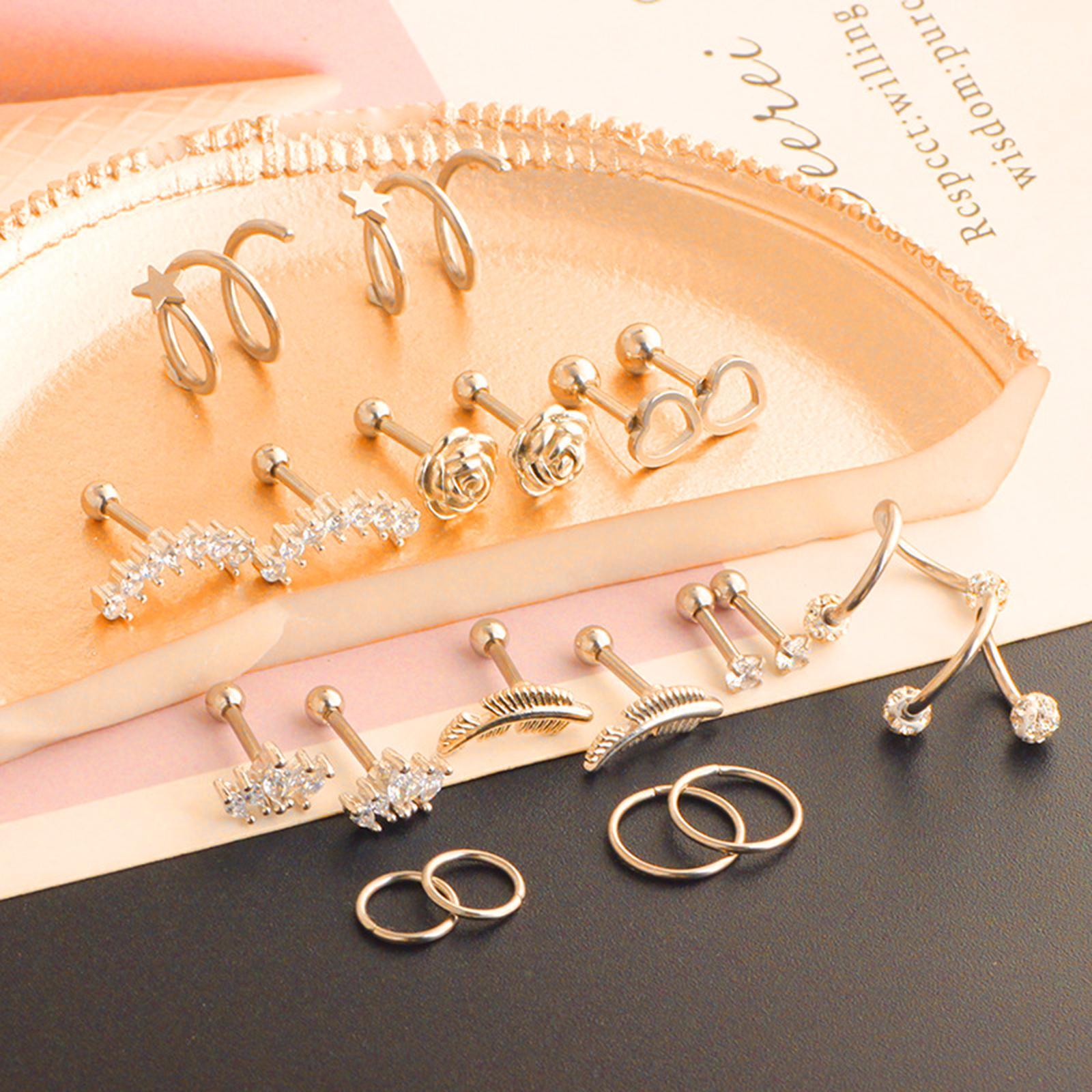 10 Pairs Tiny Stud Earrings Set Crown Moon Heart Disc Ball Small Flat Back Earrings Stainless Steel Barbell Earrings Piercing Set