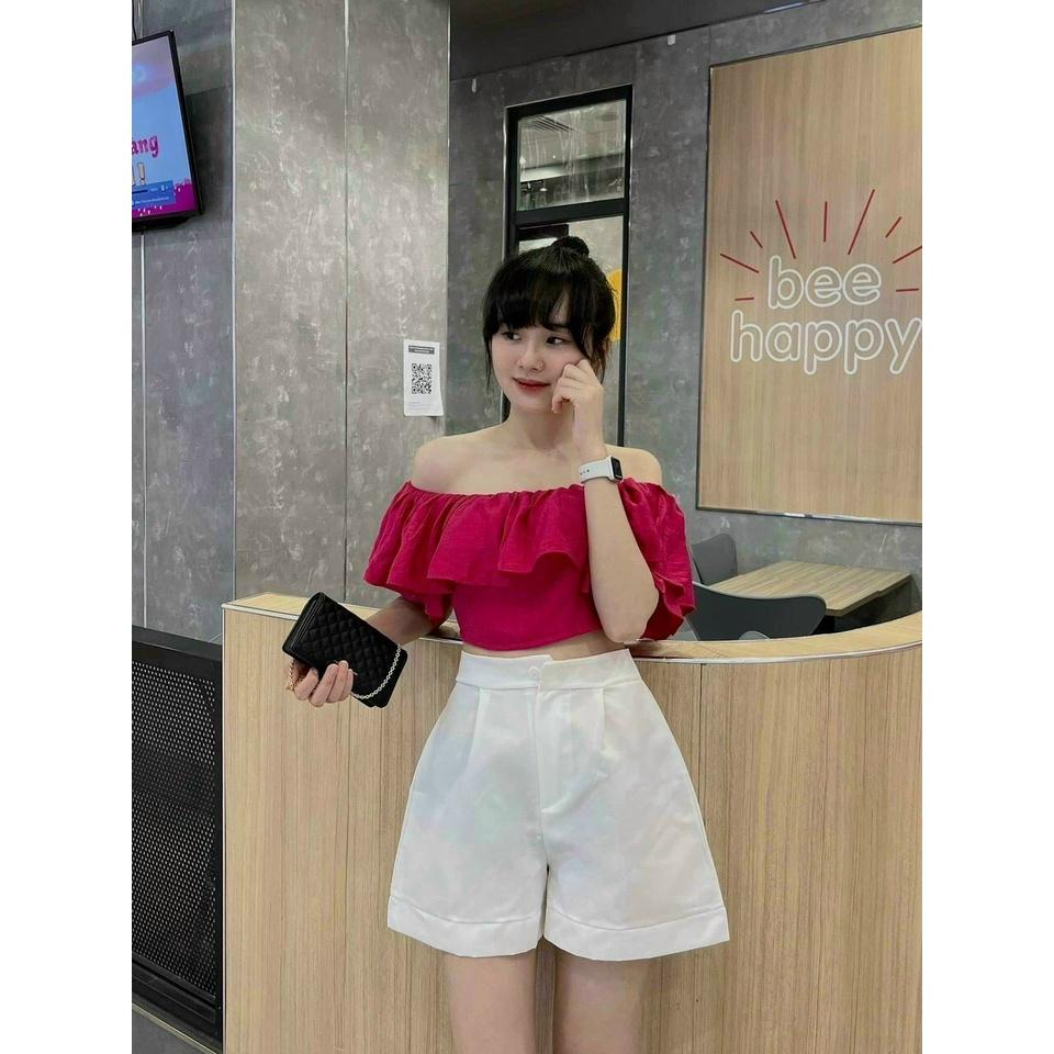 Áo croptop trễ vai phối bèo 1 tầng nhiều màu LOVI