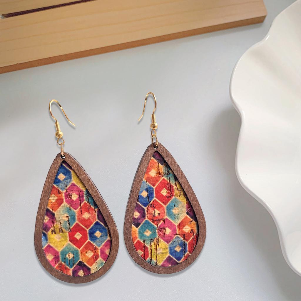 2-3pack Drop Shape Earrings Retro Wood Grain Leather for Teens Square Rainbow