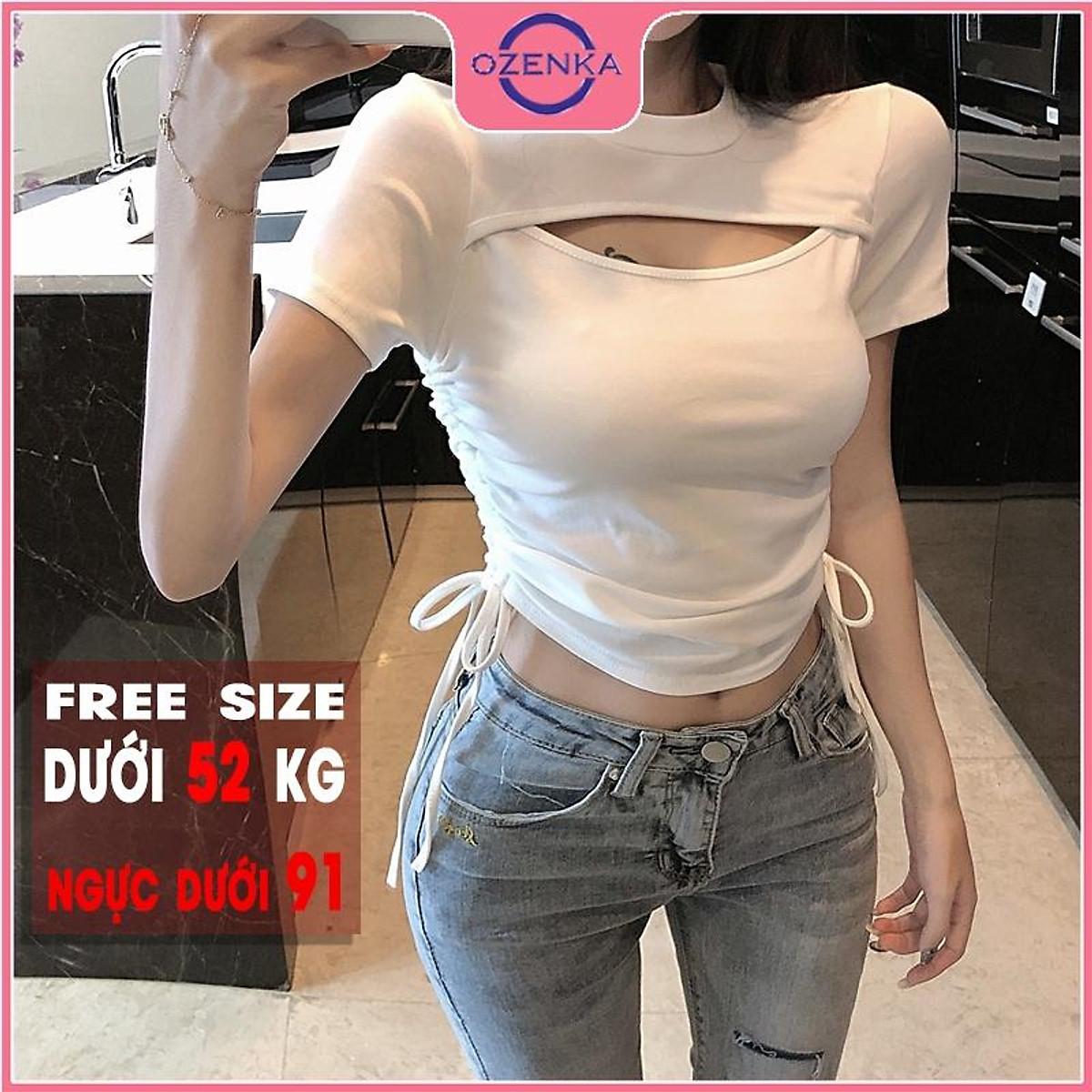 Áo thun croptop nữ ngắn tay dây rút khoét ngực, áo crt ôm body kiểu hàn quốc cổ tròn gợi cảm đen trắng dưới 50kg