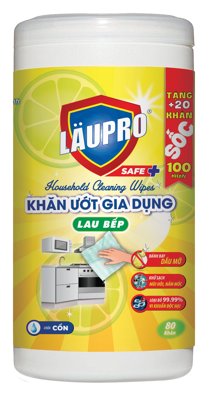 Khăn ướt Kháng khuẩn CHỨA CỒN - Gia dụng Läupro – Lau Bếp - Hộp 100 Khăn (Laupro) - Được Kiểm nghiệm &amp; Chứng nhận!