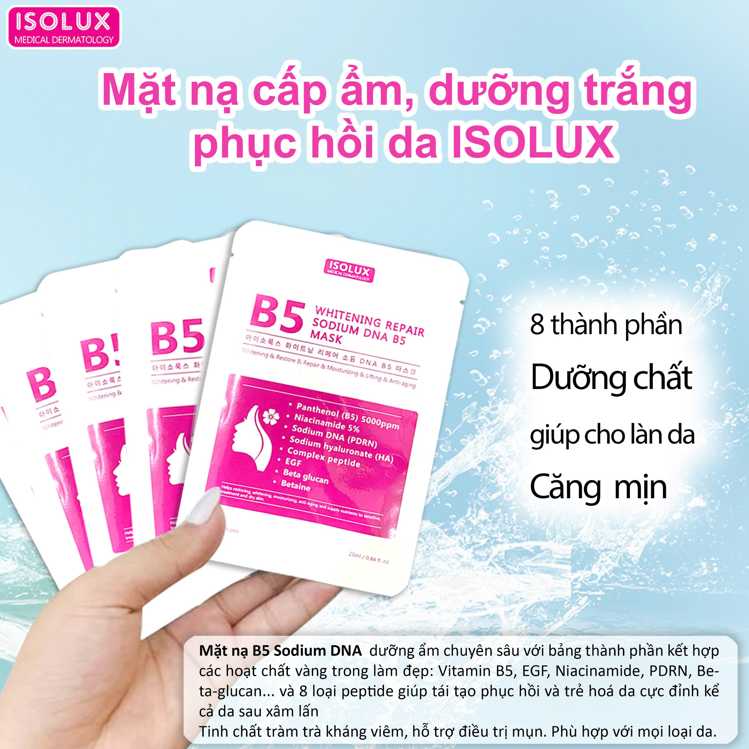 Mặt nạ ISOLUX Whitening repair sodium DNA B5 mask Hàn Quốc 25ml hạn 2027 - dưỡng trắng cấp ẩm phục hồi da