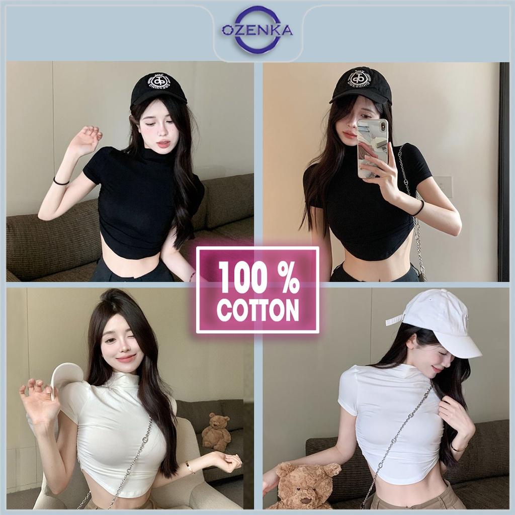 Áo croptop cổ lọ vạt bầu nhún eo tay ngắn nữ Ozenka , áo crt ôm body đen trắng dưới 55 cân