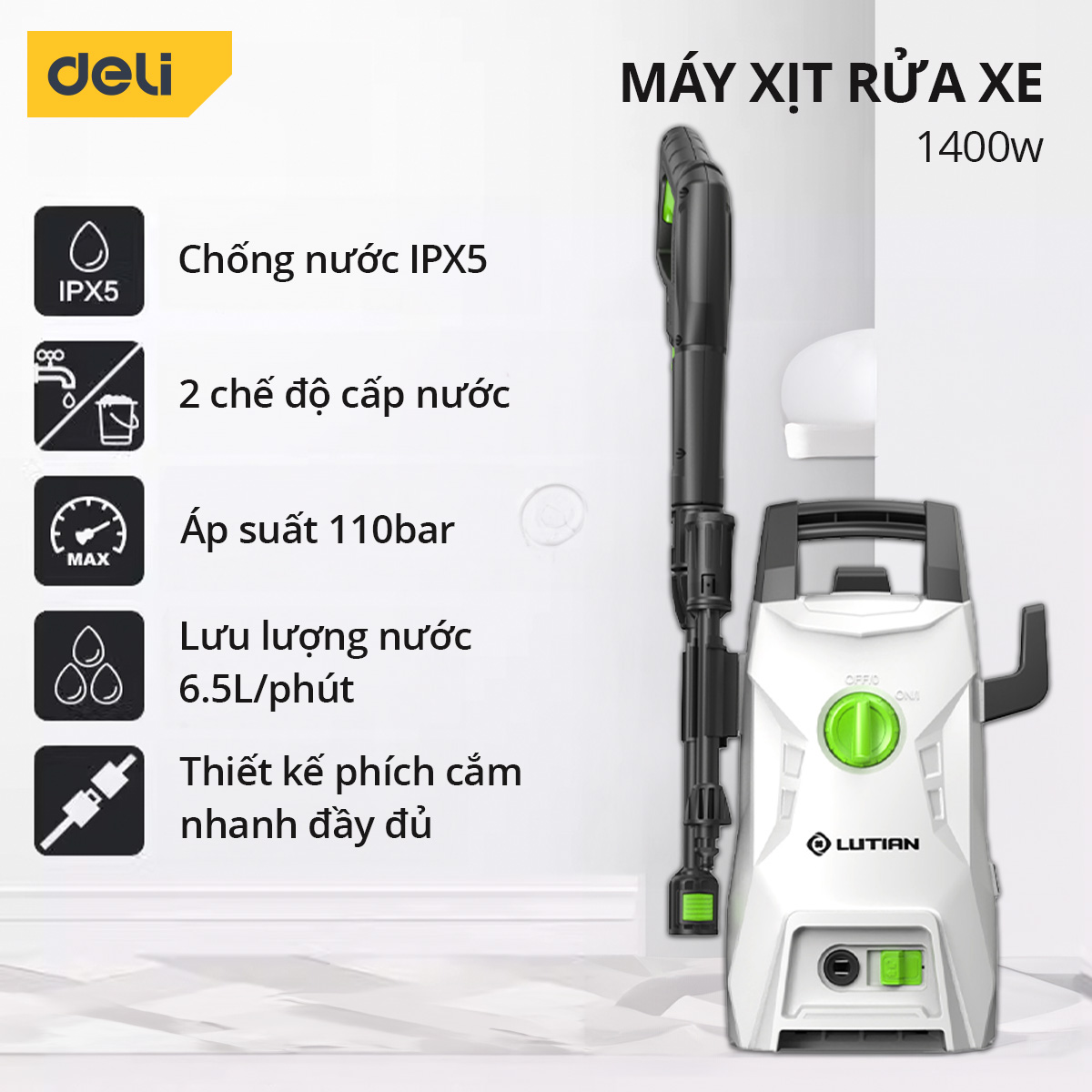 Máy Xịt Rửa DELI Áp Lực Cao 1400W - Bảo Hành 36 Tháng - Phun Rửa Đa Năng, Tối Đa Công Suất, Tiết Kiệm Điện Năng - Dáng Đứng