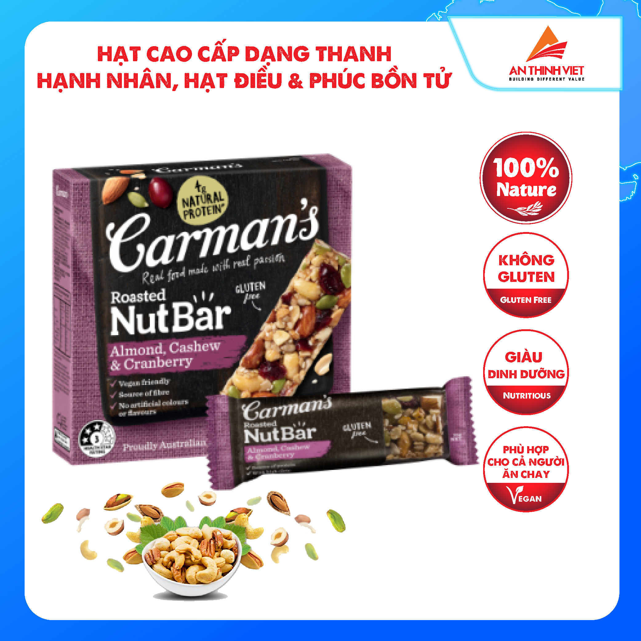 Thanh Hạt Carman's Nut Bar Hạnh Nhân, Hạt Điều, Nam Việt Quất - 175g