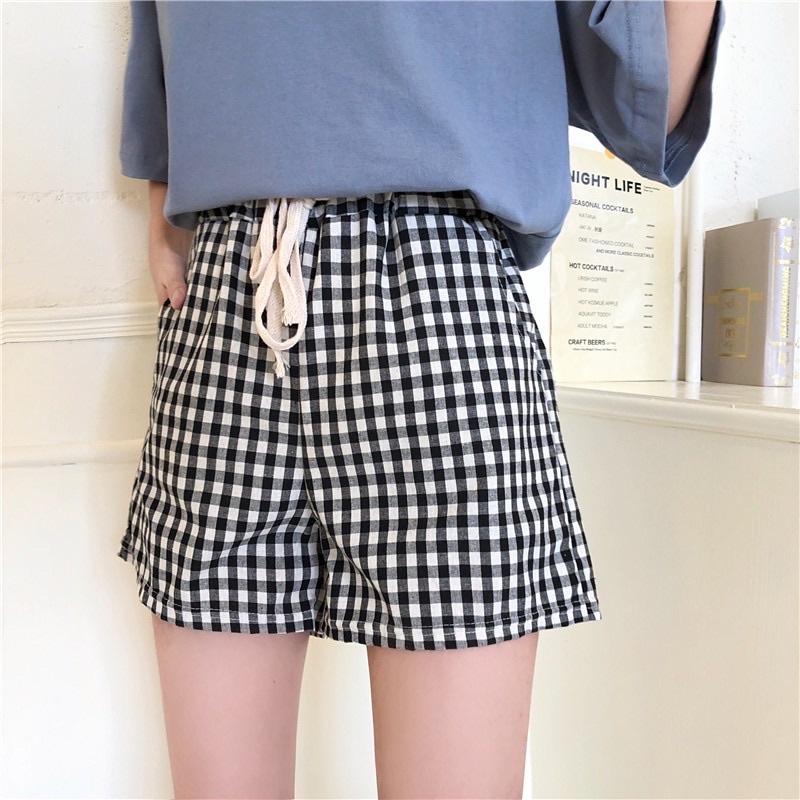 Quần short kẻ caro- quần sooc đùi ống rộng caro chất thô đũi phong cách ulzzang