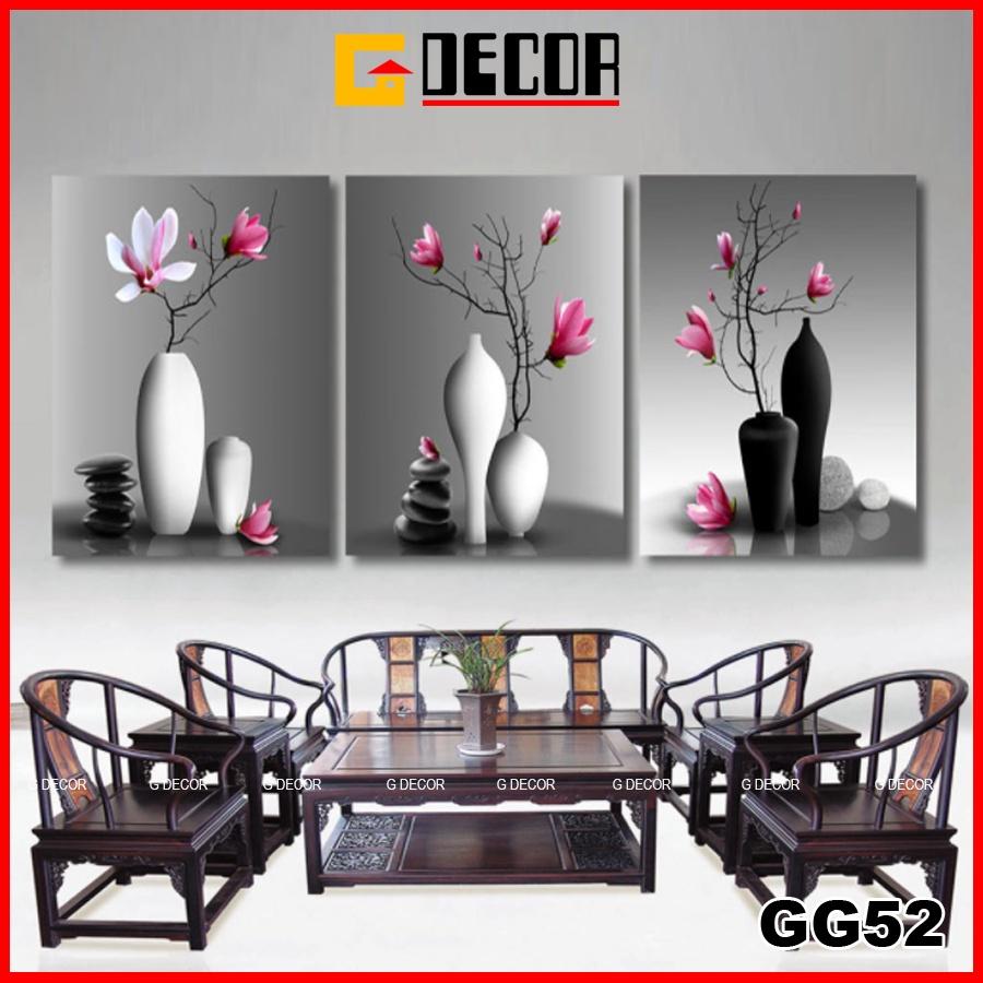 Tranh treo tường canvas khung gỗ 3 bức phong cách hiện đại Bắc Âu tranh lọ hoa trang trí phòng khách phòng ngủ spa 52