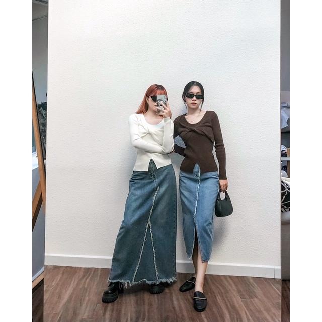 Áo len nữ dài tay xoắn ngực xẻ gấu a877801 by germe