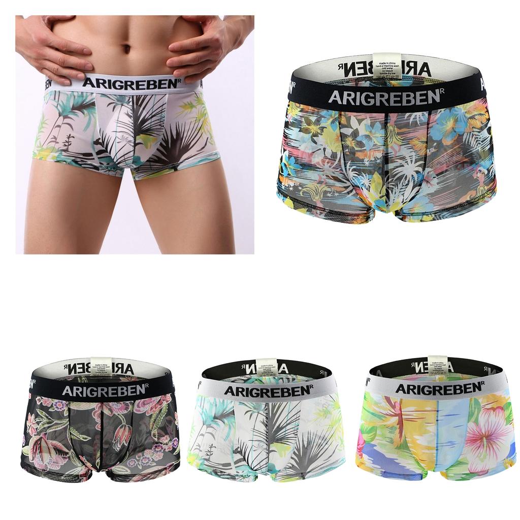 Mens Sexy Sheer Mesh Net Underwear Boxer Briefs Flower Underpants
